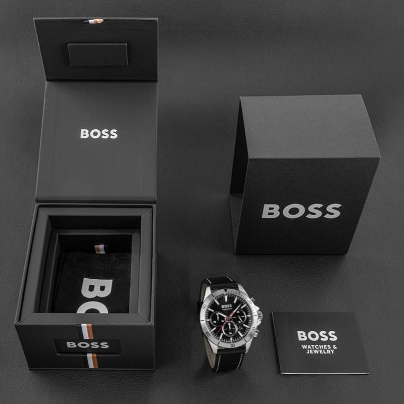 Hugo Boss Troper Chronograph Black Dial Black Leather Strap Watch for Men