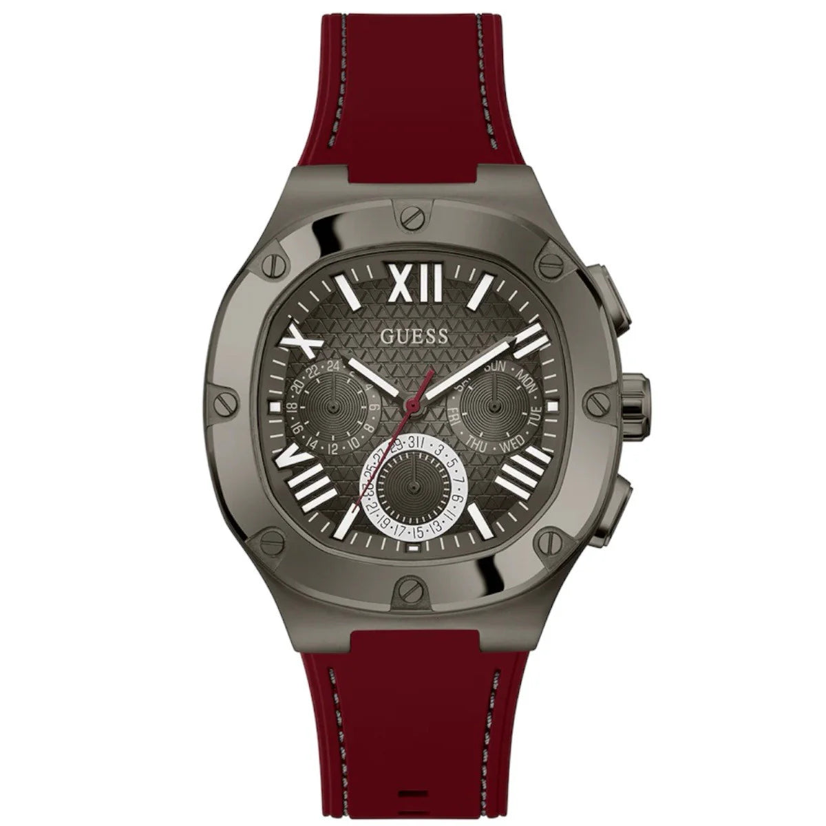 Guess Headline Multifunction Grey Dial Burgundy Silicone Strap Watch For Men - GW0571G4
