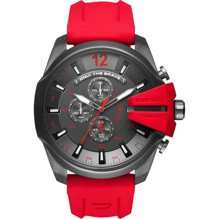 Diesel Mega Chief Chronograph Black Dial Red Silicone Strap Watch For Men