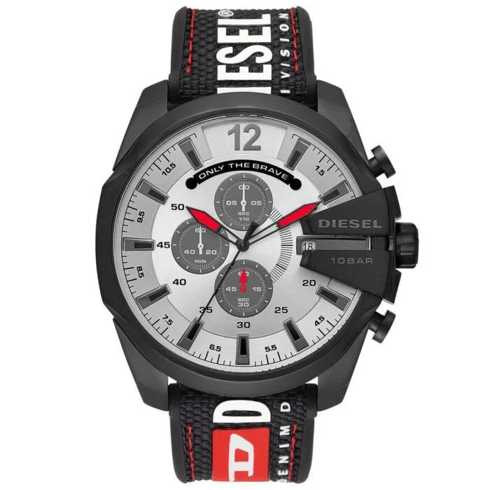 Diesel Mega Chief Chronograph Silver Dial Black Leather Strap Watch For Men