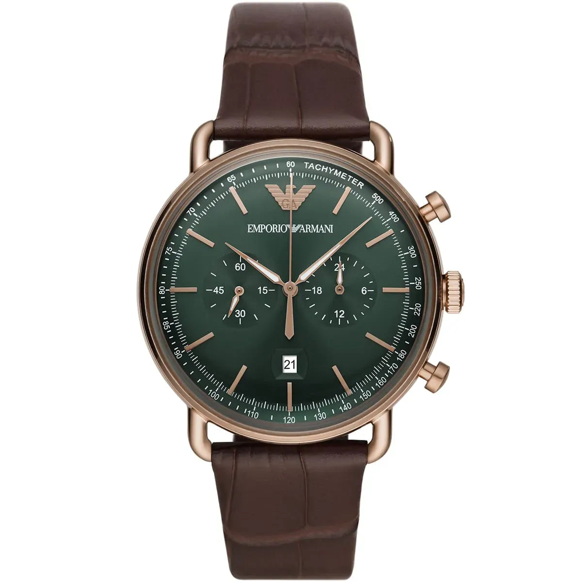 Emporio Armani Brown Leather Strap with Green Dial Men's Watch | Aviator AR11334