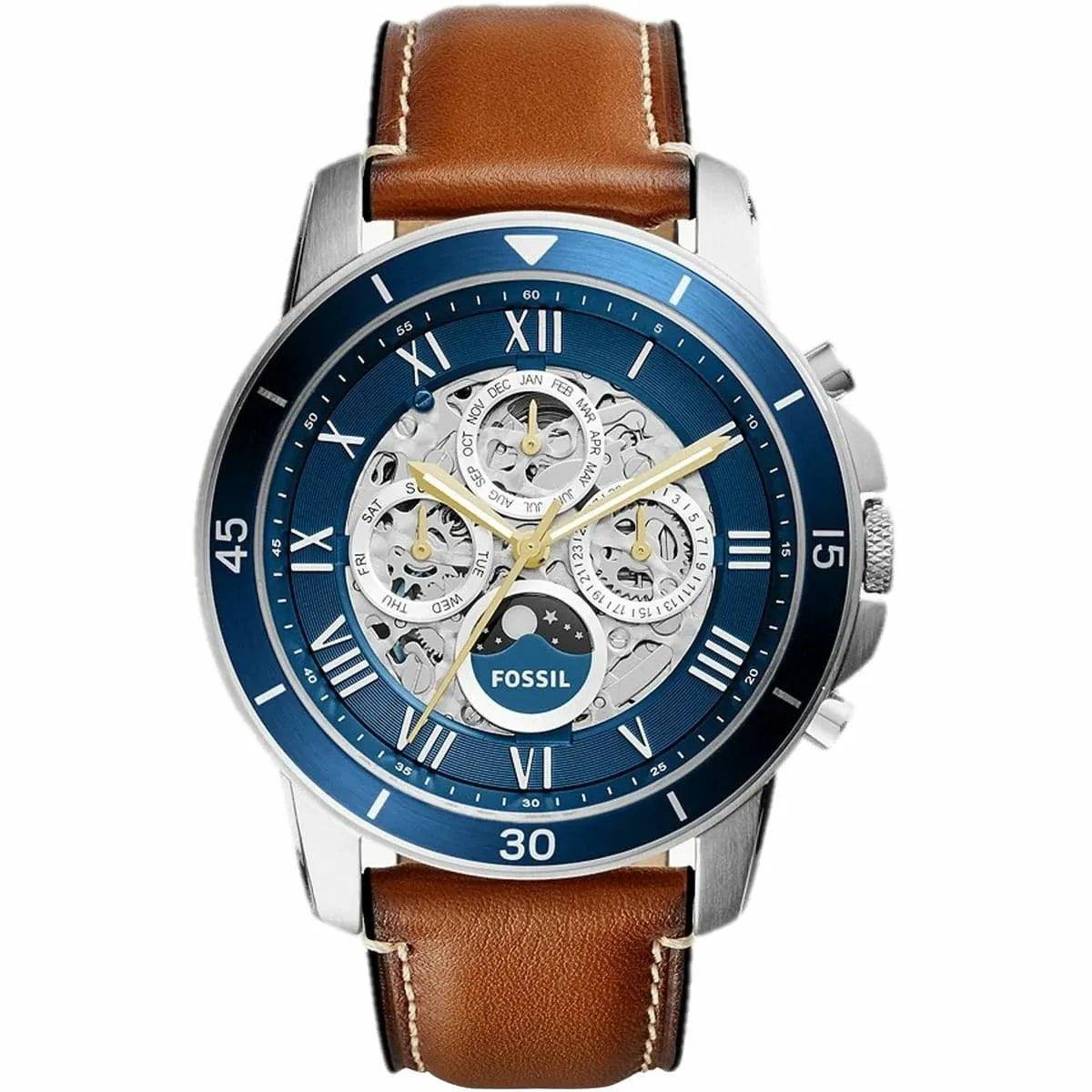 Fossil Grant Sport Automatic Skeleton Blue Dial Brown Leather Strap Watch for Men