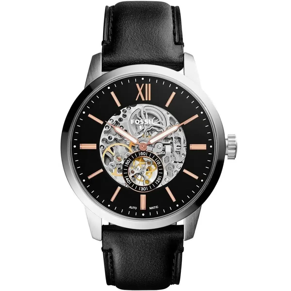 Fossil Townsman Skeleton Black Dial Black Leather Strap Watch for Men