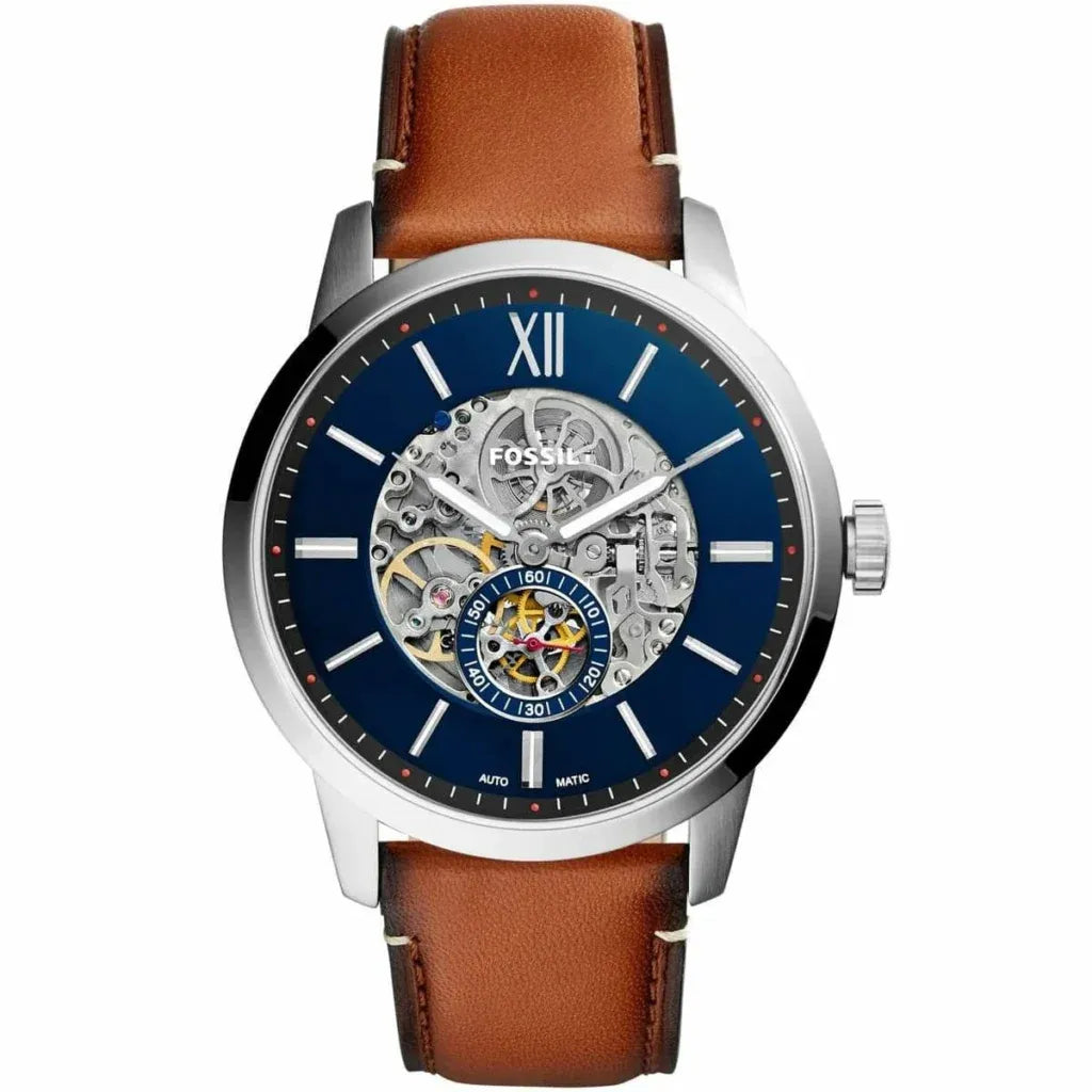 Fossil Townsman Automatic Skeleton Blue Dial Brown Leather Strap Watch for Men