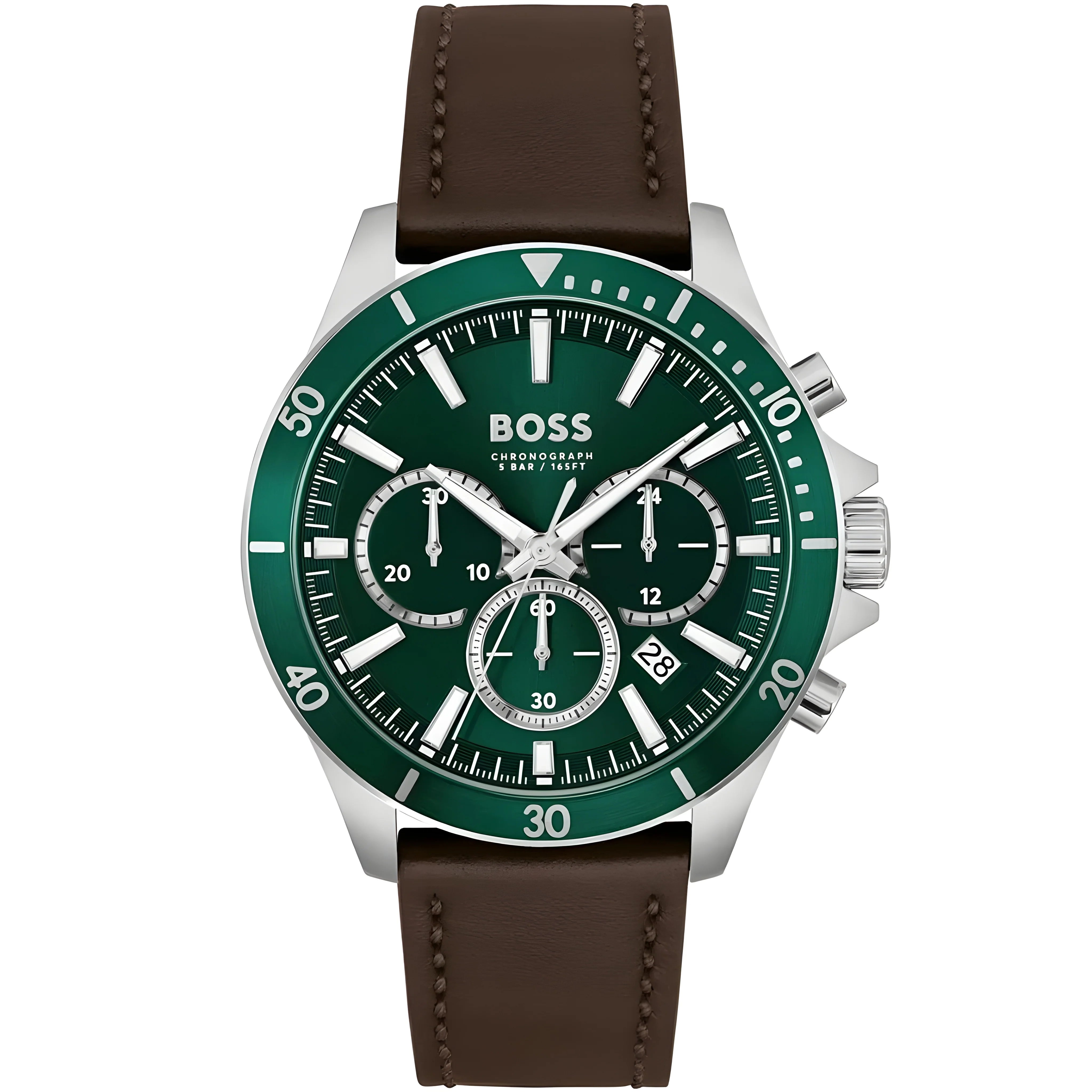 Hugo Boss Troper Chronograph Green Dial Brown Leather Strap Watch For Men