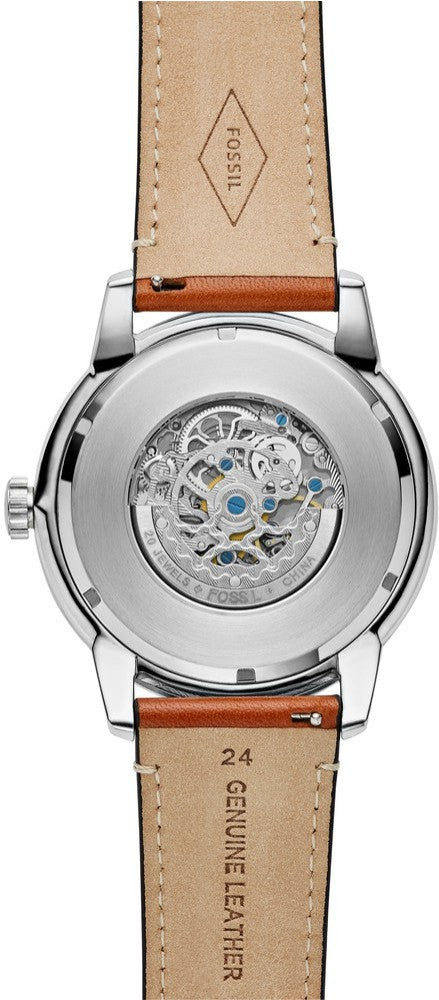 Fossil Townsman Automatic Skeleton Blue Dial Brown Leather Strap Watch for Men