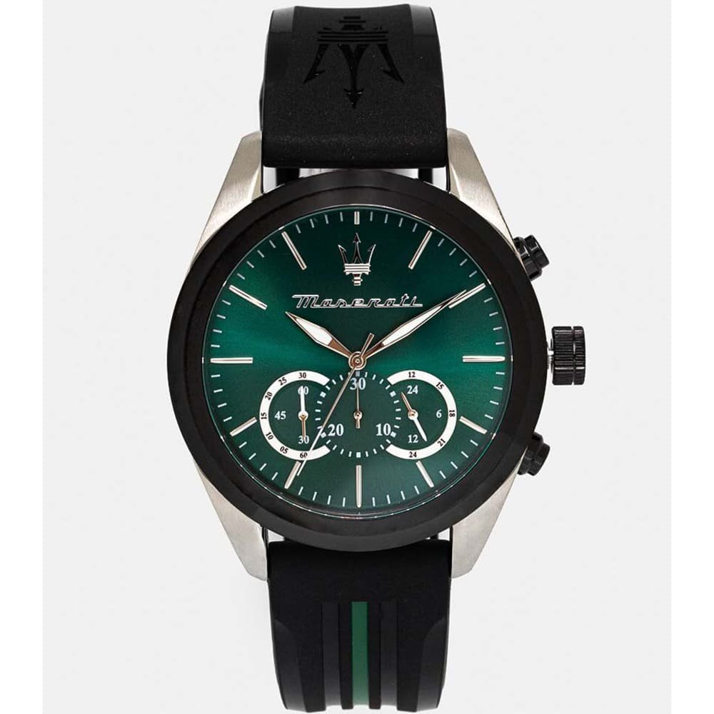 Maserati Traguardo Chronograph Green Dial Black Silicone Strap Watch For Men