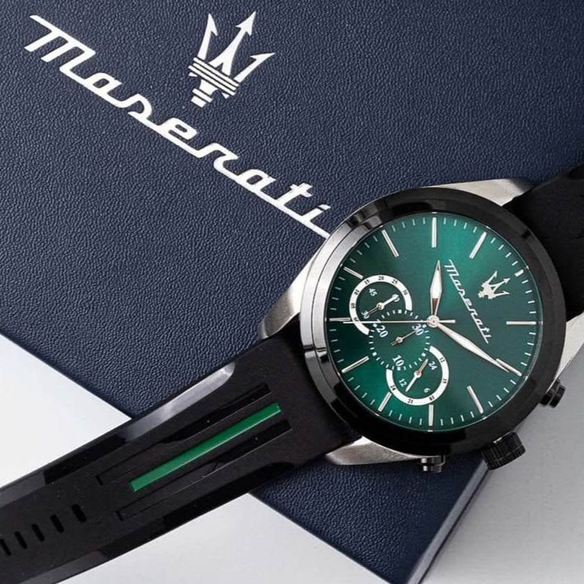 Maserati Traguardo Chronograph Green Dial Black Silicone Strap Watch For Men