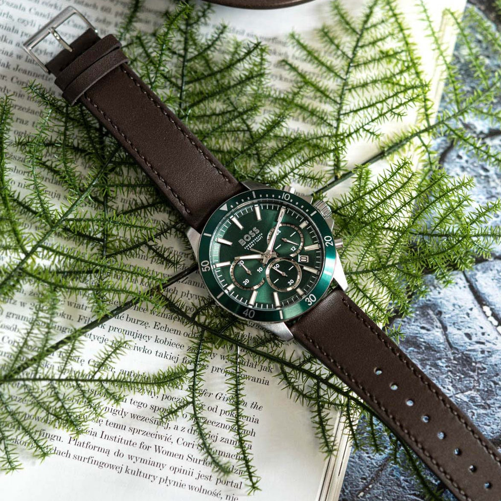 Hugo Boss Troper Chronograph Green Dial Brown Leather Strap Watch For Men