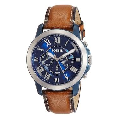 Fossil Grant Chronograph Blue Dial Brown Leather Strap Watch for Men