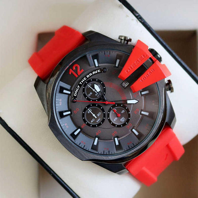 Diesel Mega Chief Chronograph Black Dial Red Silicone Strap Watch For Men