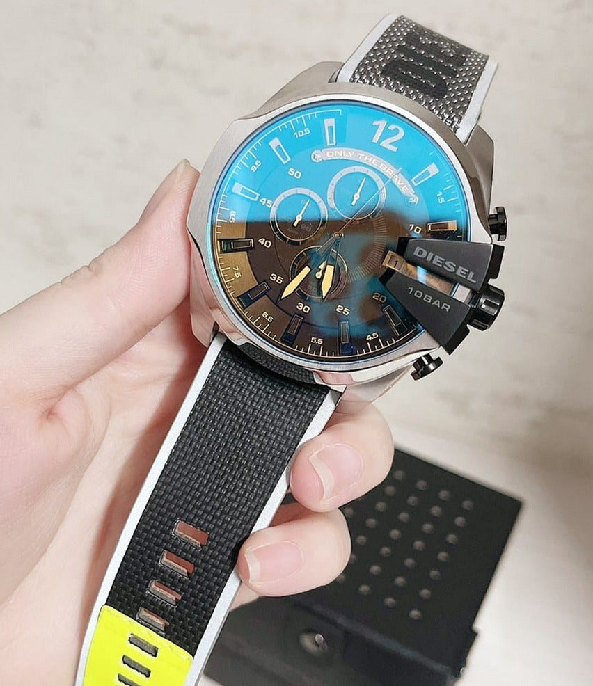 Diesel Mega Chief Chronograph Black Dial Grey Nylon Strap Watch For Men