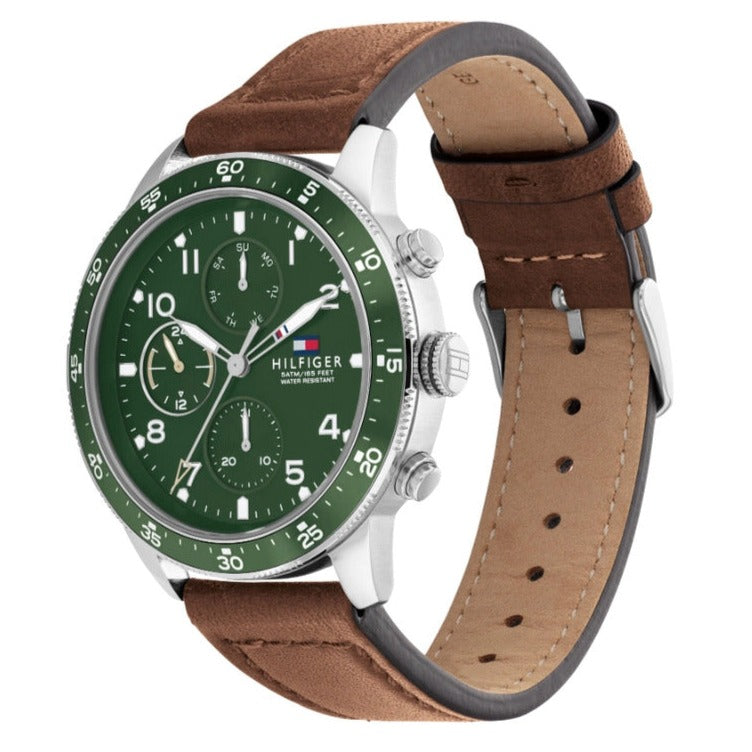 Tommy Hilfiger Jimmy Chronograph Green Dial Brown Leather Strap Watch For Men