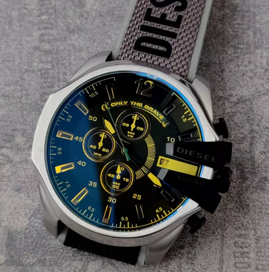 Diesel Mega Chief Chronograph Black Dial Grey Nylon Strap Watch For Men
