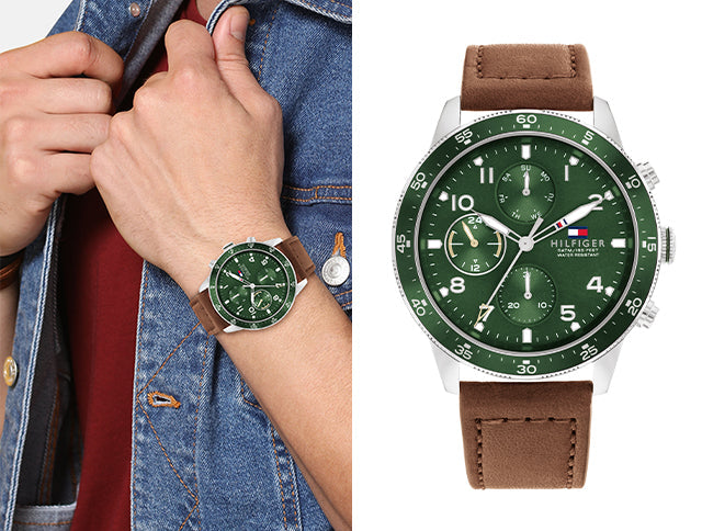 Tommy Hilfiger Jimmy Chronograph Green Dial Brown Leather Strap Watch For Men