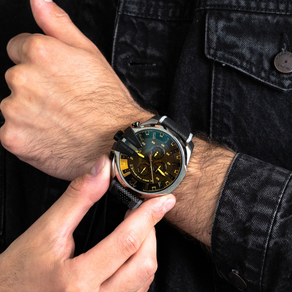 Diesel Mega Chief Chronograph Black Dial Grey Nylon Strap Watch For Men